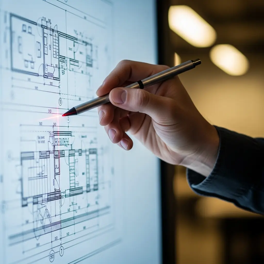 Expert architectural design services to bring your vision to life. An architect discussing a blueprint with a client in a modern studio.